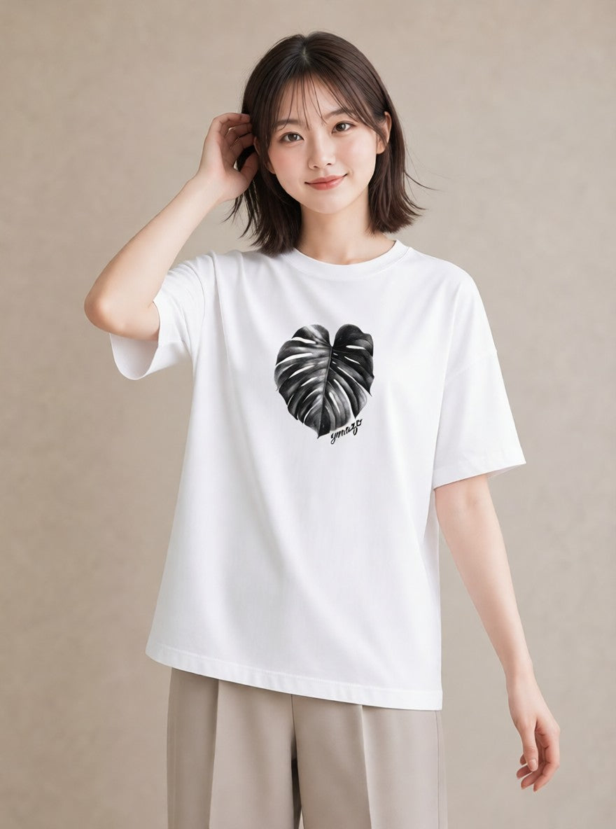 グラフィックTシャツ レディース モンステラ 植物 ボタニカル イラスト シンプル 春服 ミセス 白T YMAZO