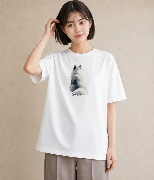 Tシャツ レディース メインクーン 猫 ねこ イラスト 線画 綿100 デート 白T YMAZO