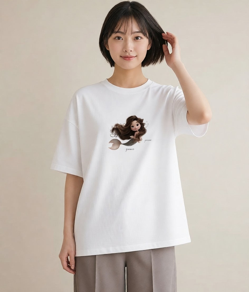 デザインTシャツ レディース 人魚 海の生き物 海 イラスト 誕生日プレゼント 綿100 白T YMAZO