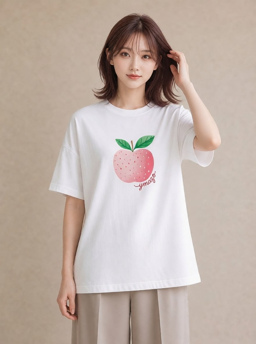 プリントTシャツ レディース もも 食べ物 フード イラスト フェミニン ラフ レイヤード 白T YMAZO