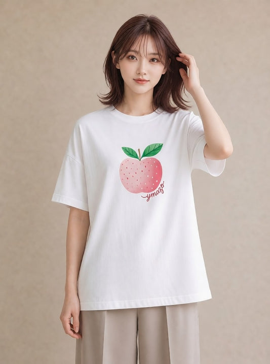 プリントTシャツ レディース もも 食べ物 フード イラスト フェミニン ラフ レイヤード 白T YMAZO