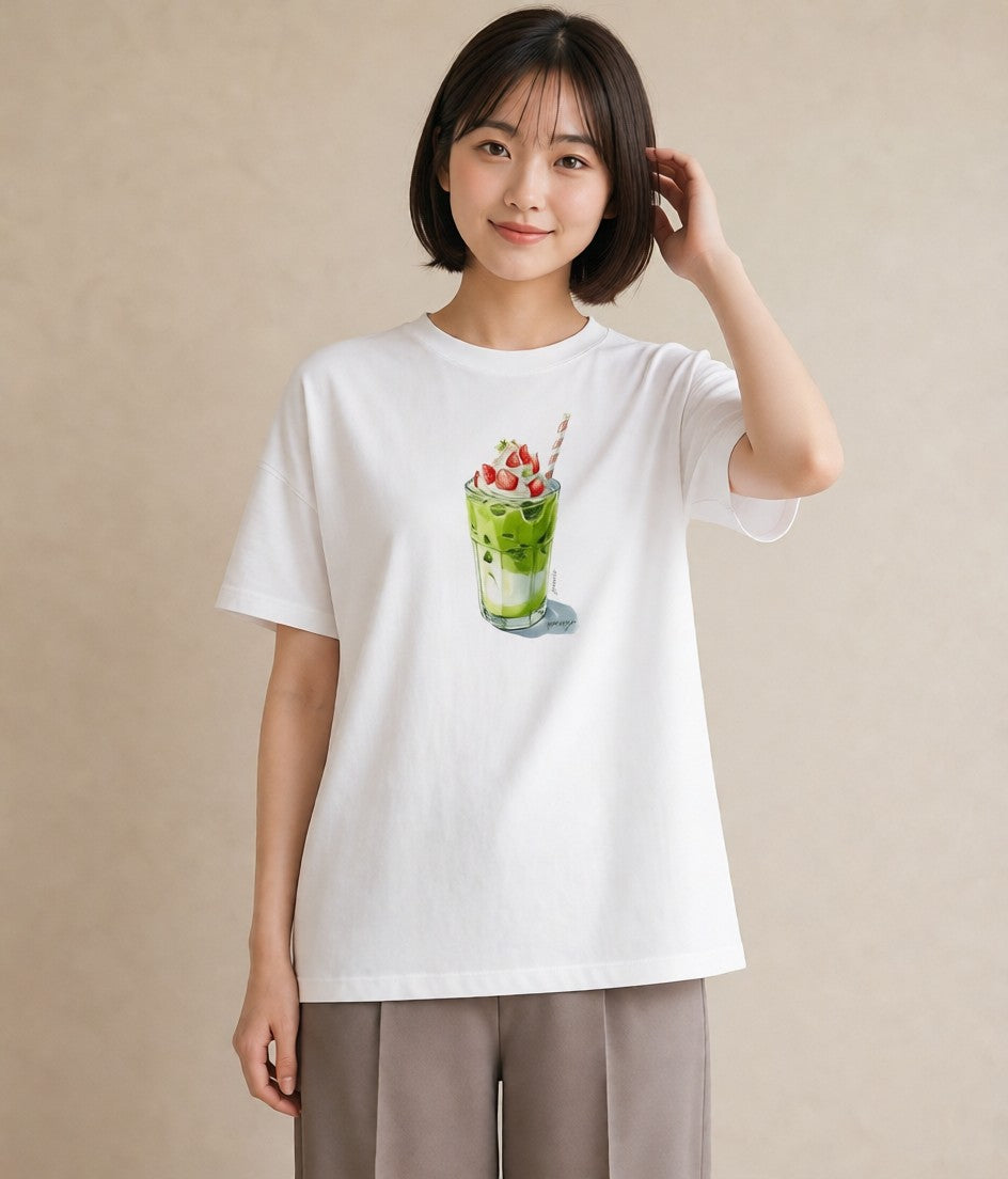 デザインTシャツ レディース 抹茶 食べ物 フード イラスト ペアコーデ 秋コーデ 白T YMAZO