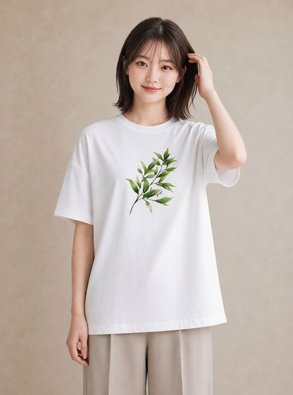 プリントTシャツ レディース 葉っぱ 植物 ボタニカル イラスト 抜け感 公園 ママ 白T YMAZO