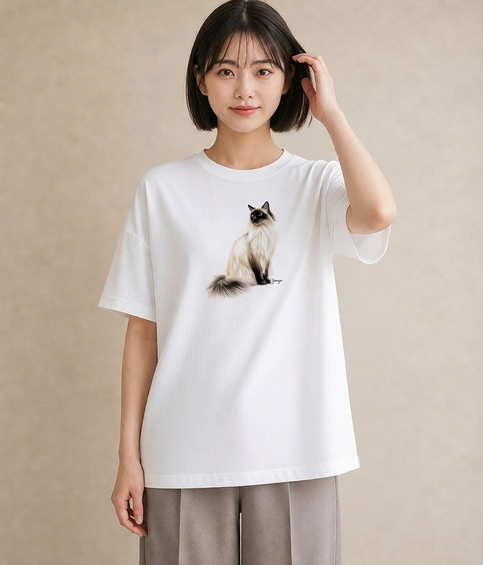 デザインTシャツ レディース ぶち猫 猫 ねこ イラスト ニュアンス カフェ服 クリスマス 白T YMAZO