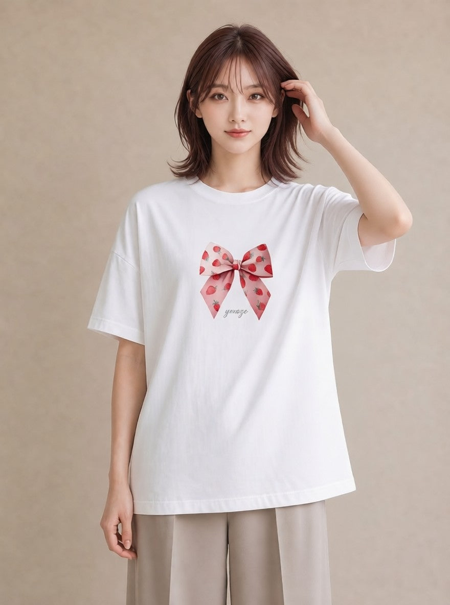 半袖Tシャツ レディース ショートケーキ 食べ物 フード イラスト 普段使い お揃い 親子 白T YMAZO