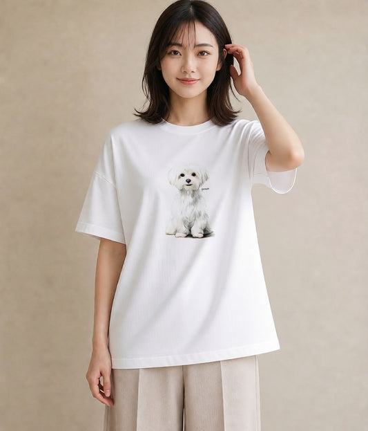 半袖Tシャツ レディース マルチーズ 犬 いぬ イラスト ニュアンス 在宅 公園 白T YMAZO