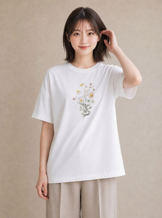 グラフィックTシャツ レディース マーガレット 花 花柄 イラスト きれいめ 公園 ママ 白T YMAZO