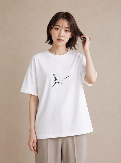 グラフィックTシャツ レディース 折り鶴 折り紙 ナチュラル アンティーク イラスト 個性的 ラフ レイヤード 白T YMAZO