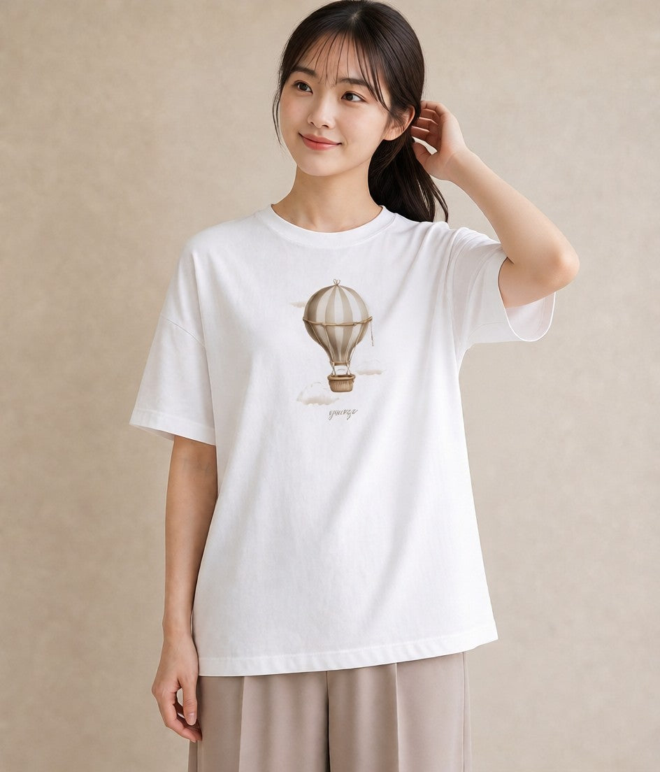 デザインTシャツ レディース 紙風船 和紙 ナチュラル アンティーク イラスト ニュアンス 綿100 デート 白T YMAZO