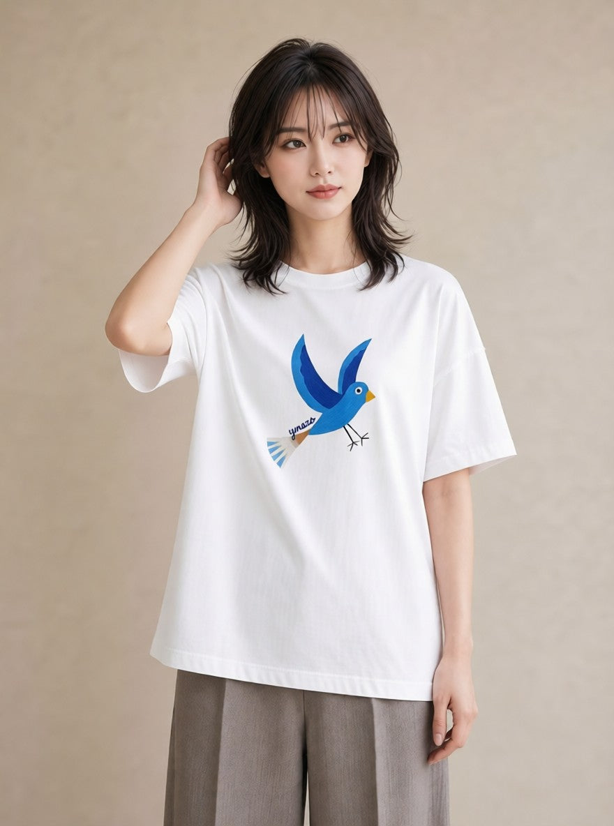 グラフィックTシャツ レディース 遠い家と鳥 風景 鳥 ナチュラル アンティーク イラスト 線画 おしゃれギフト 社会人 白T YMAZO
