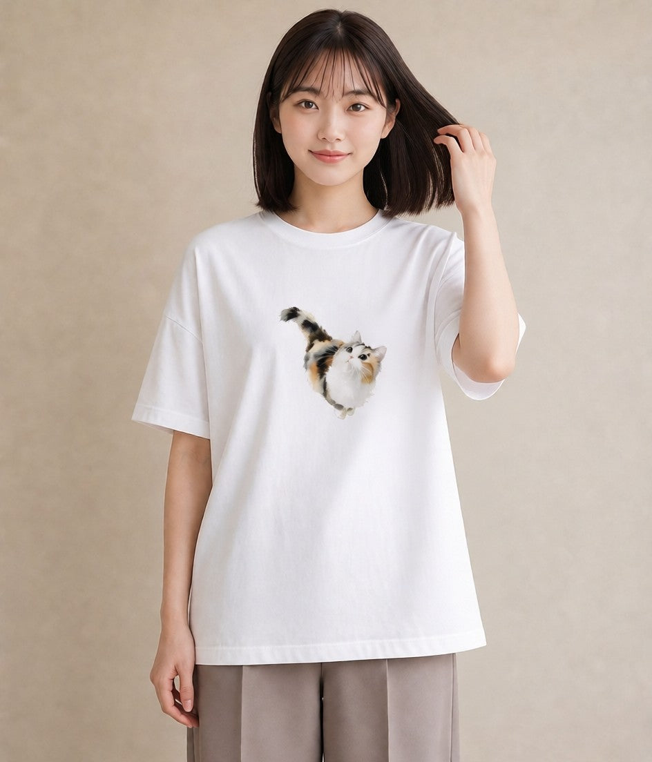 半袖Tシャツ レディース 茶トラ 茶猫 猫 ねこ イラスト 女性向けギフト 散歩 白T YMAZO