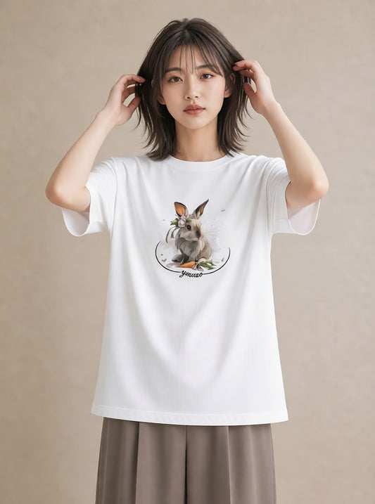 プリントTシャツ レディース うさぎ ウサギ ラビット ペット 動物 イラスト 韓国風 春服 ミセス 白T YMAZO
