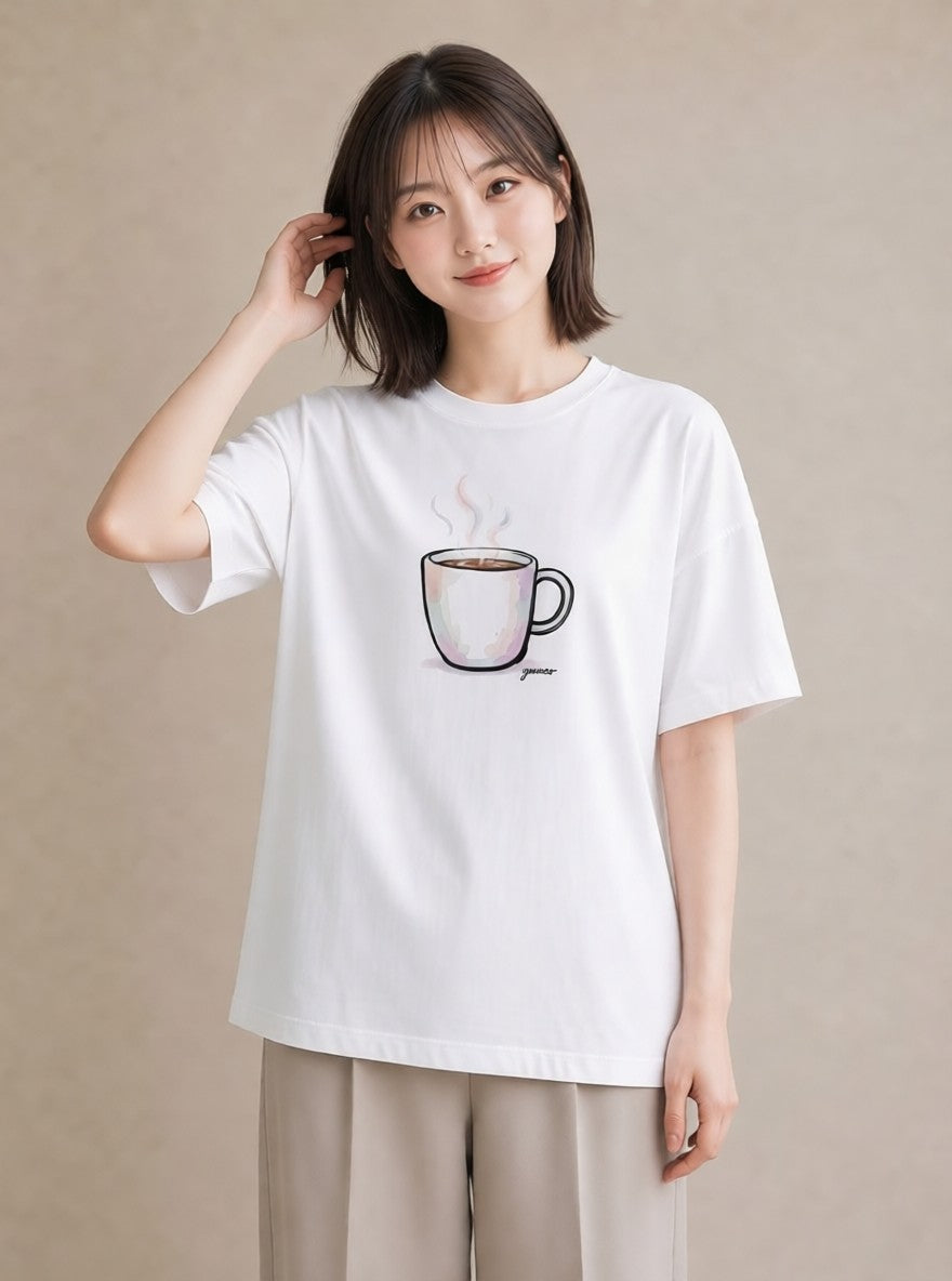 プリントTシャツ レディース コーヒー カフェ 珈琲 イラスト こなれ感 ペアコーデ 秋コーデ 白T YMAZO