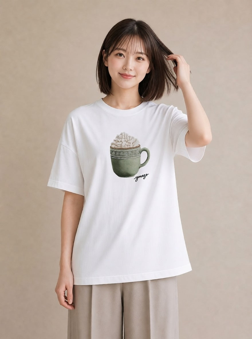 グラフィックTシャツ レディース ココア 食べ物 フード イラスト ミニマル 休日 ペアコーデ 白T YMAZO