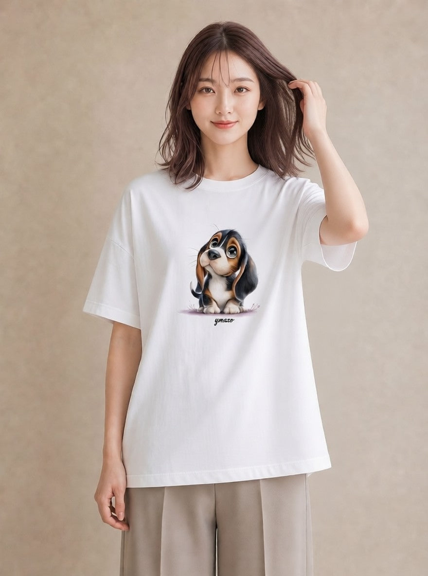 半袖Tシャツ レディース わんこ 犬 いぬ イラスト きれいめカジュアル カフェ服 クリスマス 白T YMAZO
