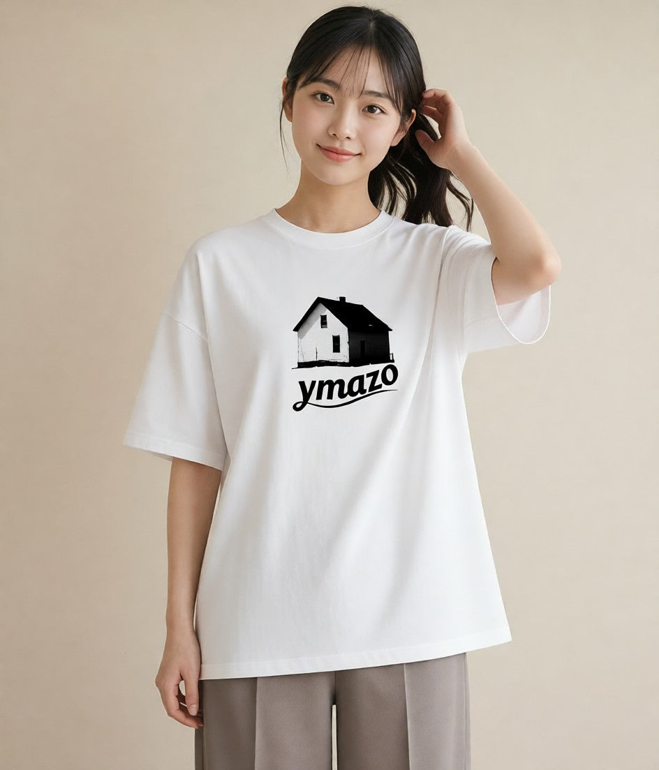 デザインTシャツ レディース 遠い家と鳥 風景 鳥 ナチュラル アンティーク イラスト ガーリー 自分用 ルームウェア 白T YMAZO