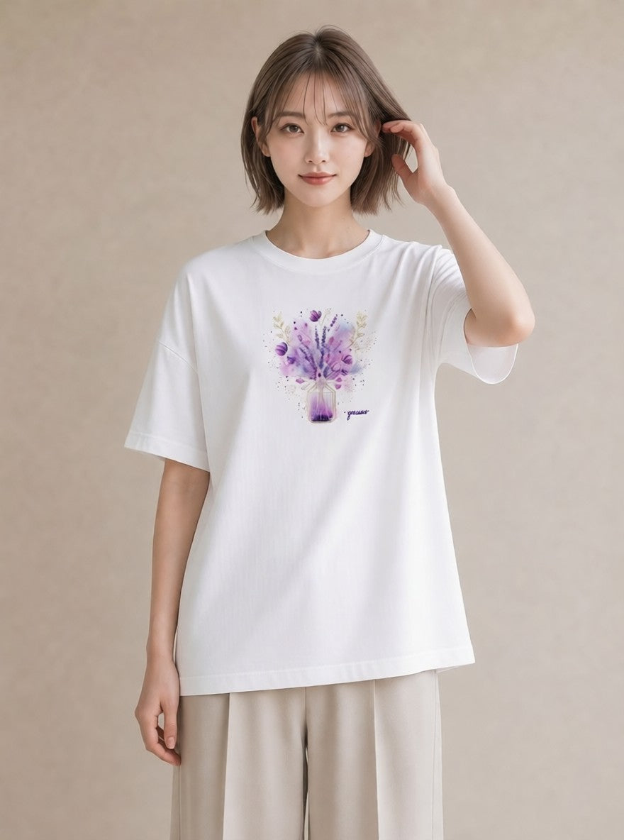 グラフィックTシャツ レディース ラベンダー 花 花柄 イラスト ポップ ママ カフェ服 白T YMAZO
