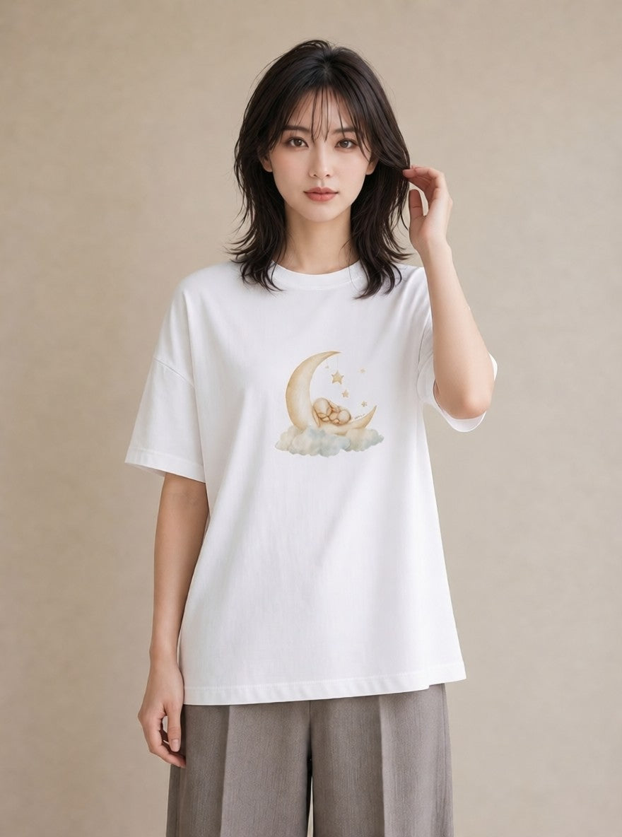 グラフィックTシャツ レディース 月 星空 宇宙 イラスト シック 帰省 ラフ 白T YMAZO