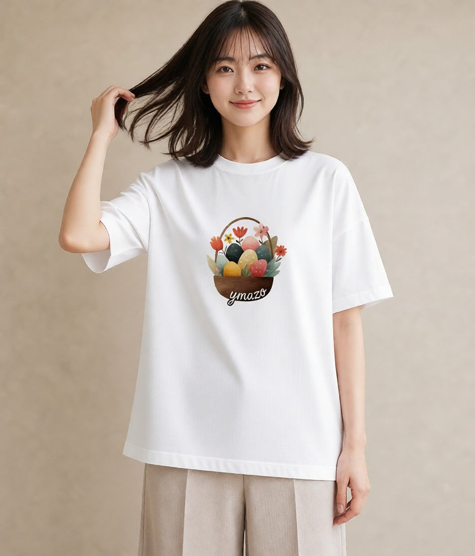 プリントTシャツ レディース 自転車のかご 自転車 花かご ナチュラル アンティーク イラスト 個性的 自分用 ルームウェア 白T YMAZO