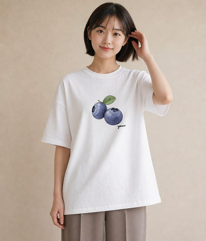 グラフィックTシャツ レディース ブルーベリー 食べ物 フード イラスト アート風 春服 ミセス 白T YMAZO