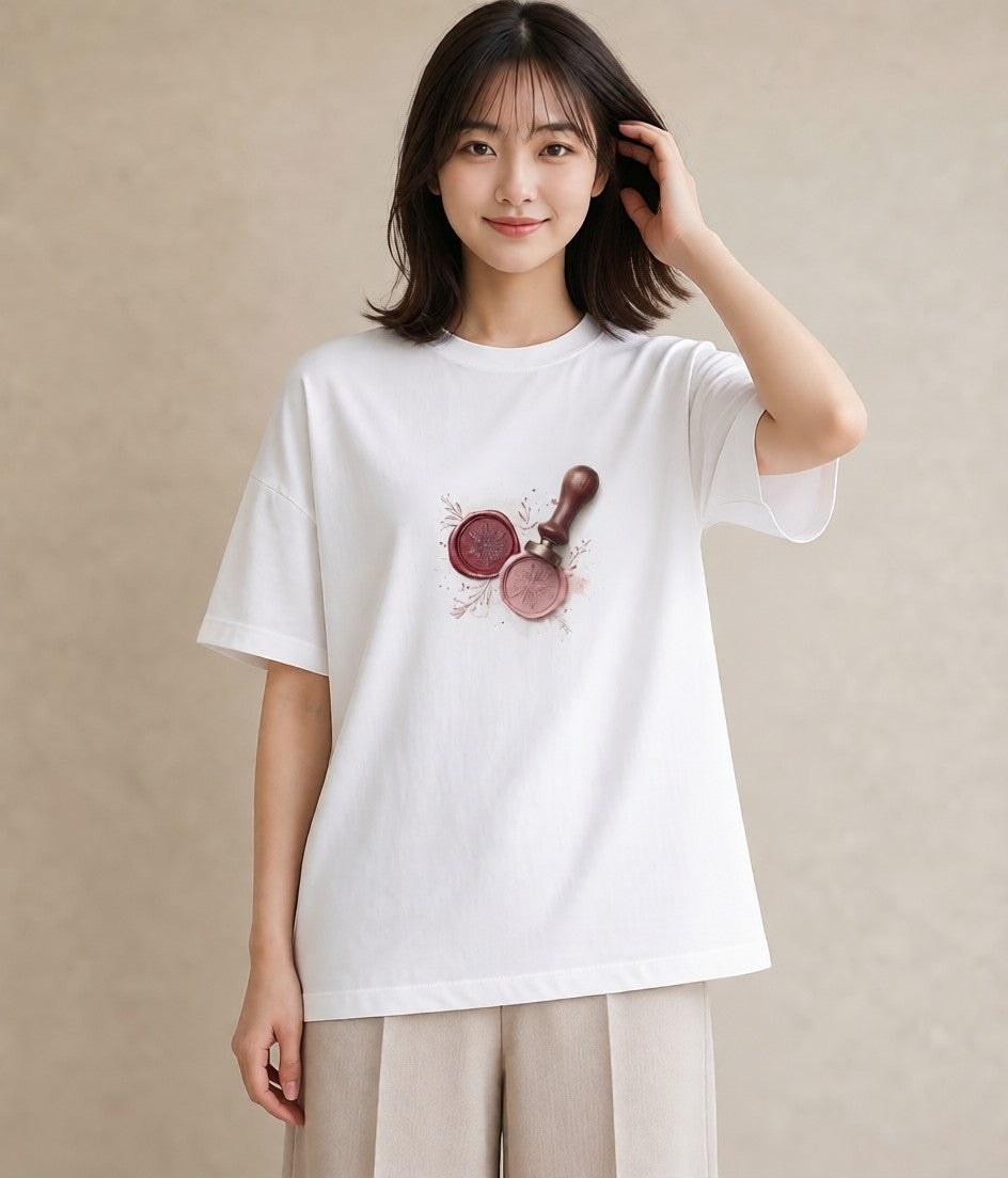 プリントTシャツ レディース 封蝋 手紙 アンティーク ナチュラル イラスト 水彩風 海 カフェ巡り 白T YMAZO