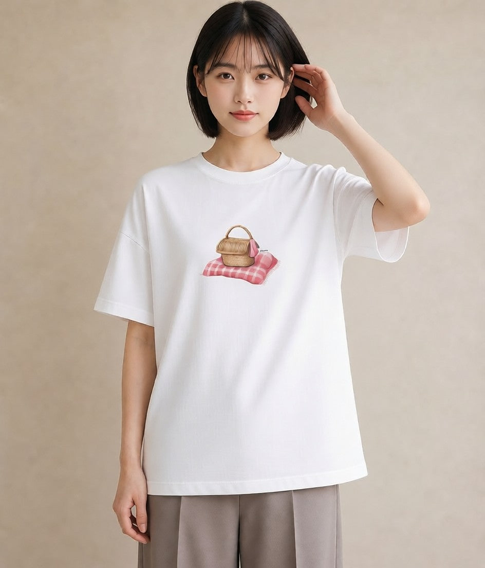 プリントTシャツ レディース 自転車のかご 自転車 花かご ナチュラル アンティーク イラスト ラフ 休日 ペアコーデ 白T YMAZO