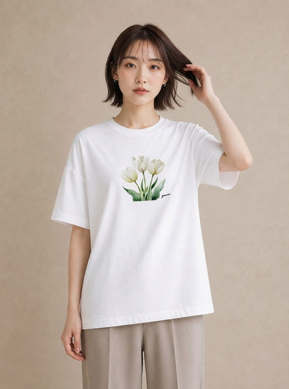 デザインTシャツ レディース チューリップ 花 花柄 イラスト 敬老の日 ホワイトデー 白T YMAZO