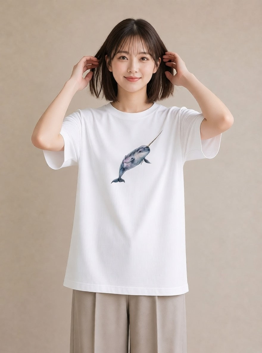 デザインTシャツ レディース イカ 海の生き物 海 イラスト 手描き風 カフェ巡り 白T YMAZO