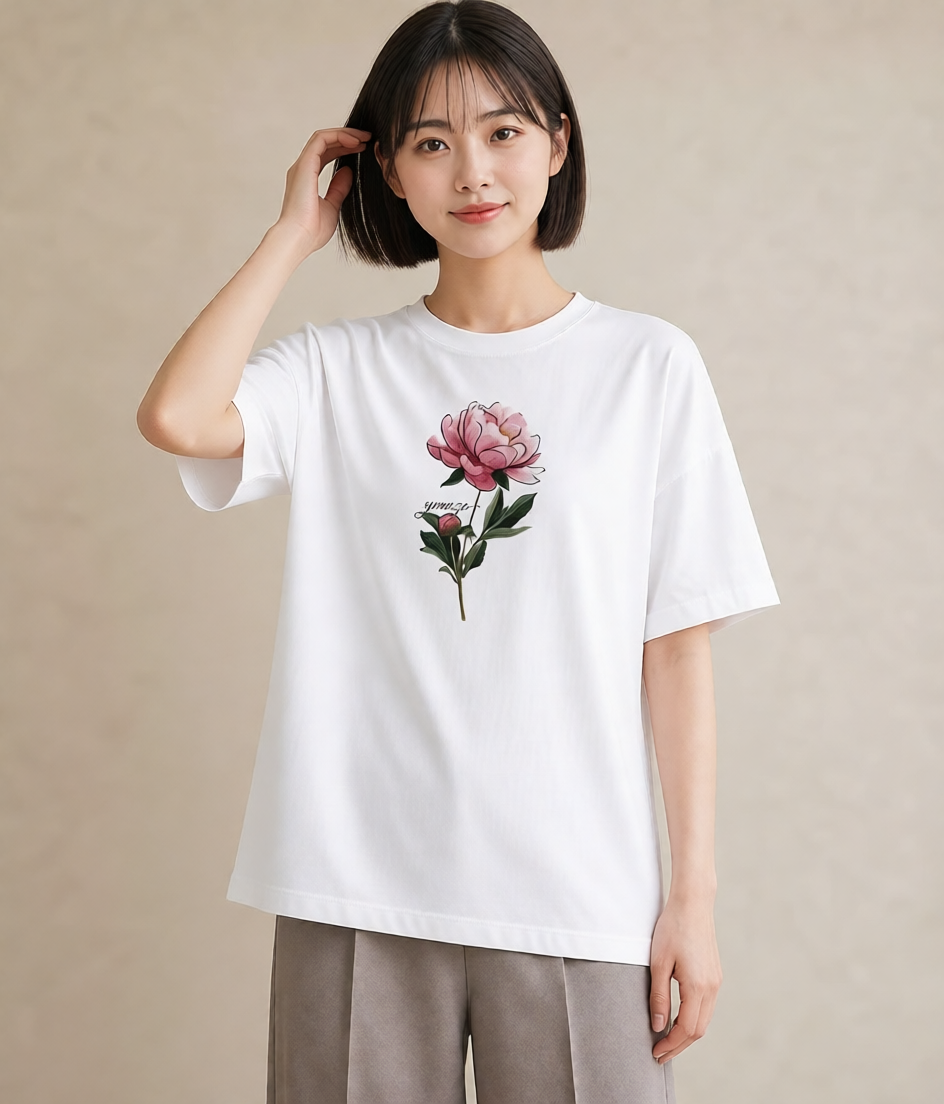 半袖Tシャツ レディース 牡丹 花 花柄 イラスト 普段使い 女性 旅行用 白T
