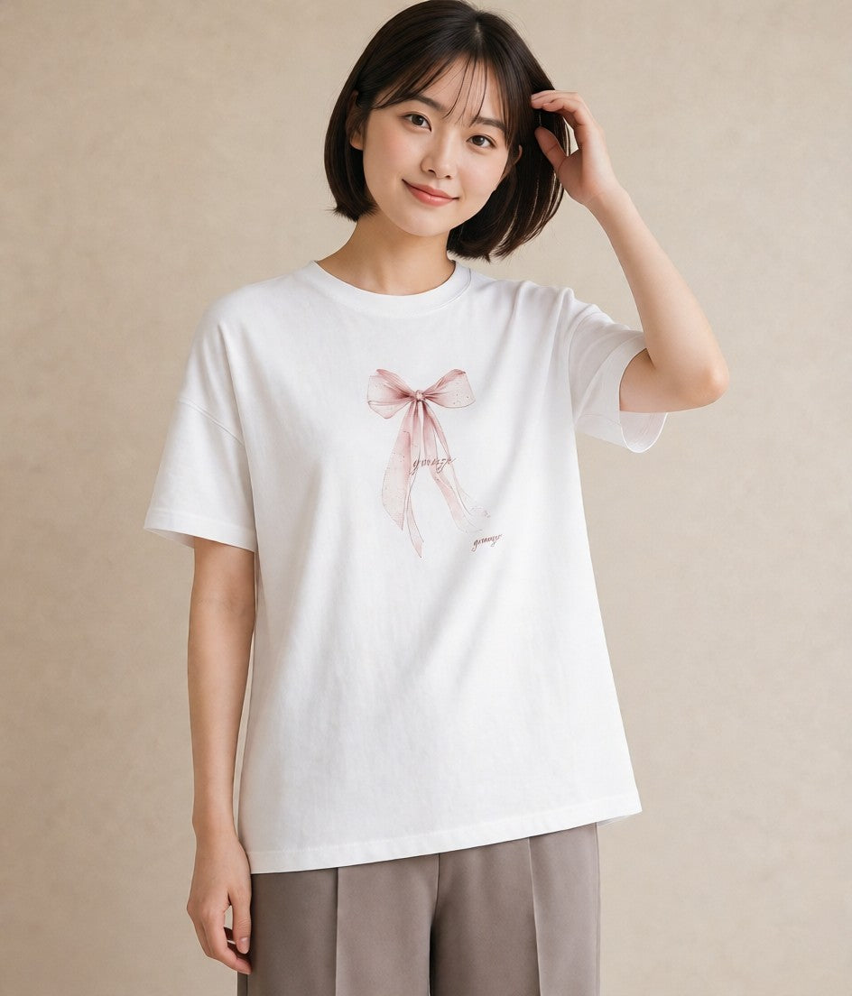 デザインTシャツ レディース バレエシューズ バレエ トウシューズ ナチュラル アンティーク イラスト シンプル 春服 ミセス 白T YMAZO