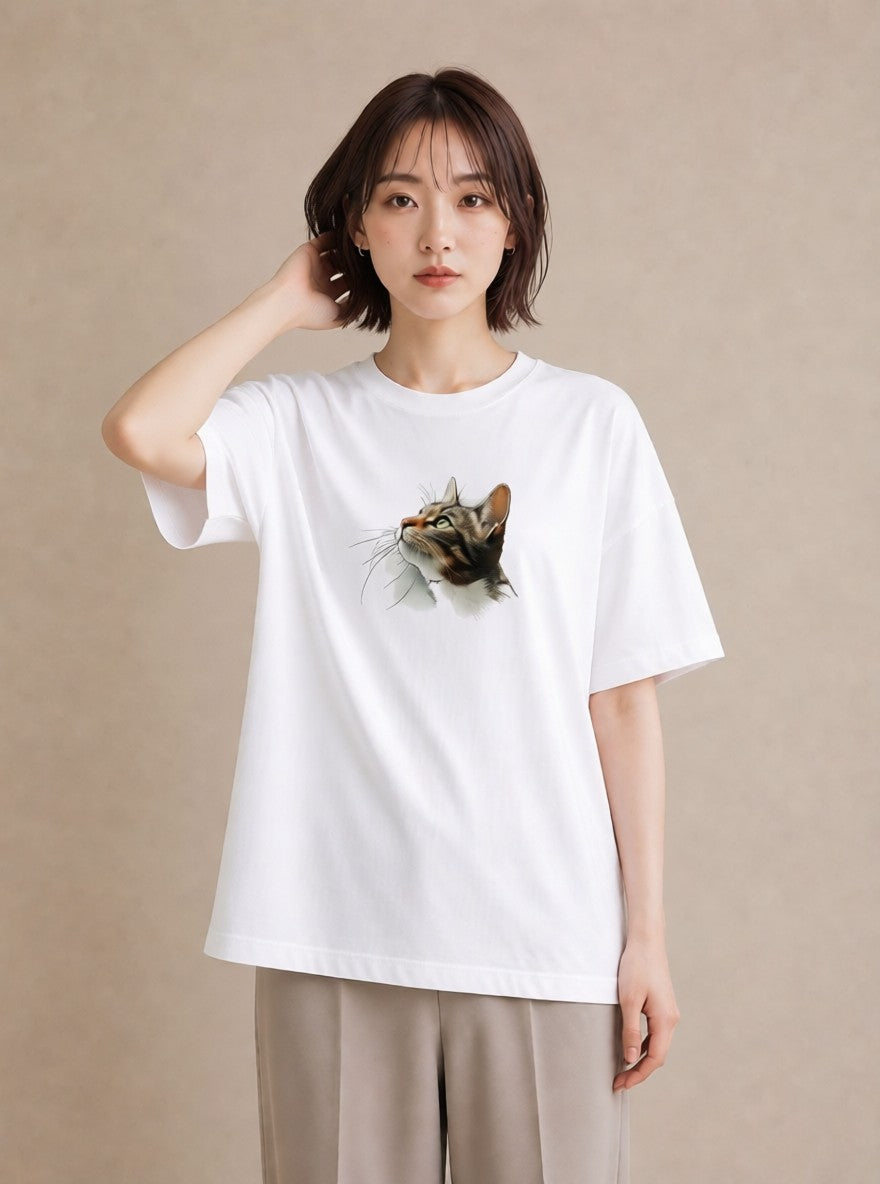グラフィックTシャツ レディース 猫 ねこ イラスト 北欧風 旅行用 海 白T YMAZO