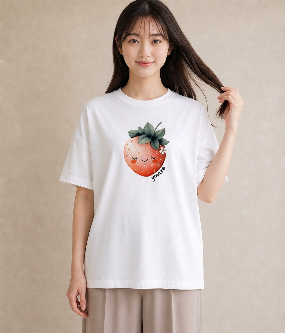グラフィックTシャツ レディース いちご 苺 ストロベリー 食べ物 フード イラスト 淡色 レイヤード 友達ギフト 白T YMAZO