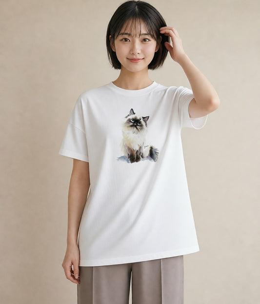 デザインTシャツ レディース 白猫 猫 ねこ イラスト 線画 春コーデ 姉妹 白T YMAZO