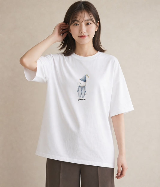 半袖Tシャツ レディース しっぽ 猫 ねこ イラスト きれいめカジュアル 夏コーデ 通学 白T YMAZO