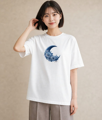 半袖Tシャツ レディース 月 星空 宇宙 イラスト お洒落 春服 ミセス 白T YMAZO