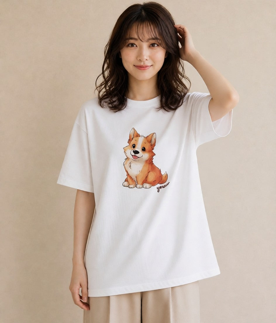 半袖Tシャツ レディース ウェルシュコーギー コーギー 犬 いぬ イラスト 女性向けギフト 散歩 白T YMAZO