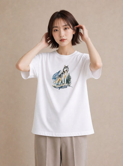 Tシャツ レディース シベリアンハスキー 犬 いぬ イラスト モード 綿100 デート 白T YMAZO