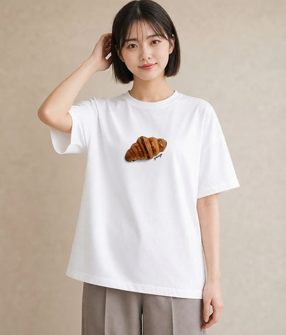 グラフィックTシャツ レディース クロワッサン 食べ物 フード イラスト シック 春服 ミセス 白T YMAZO