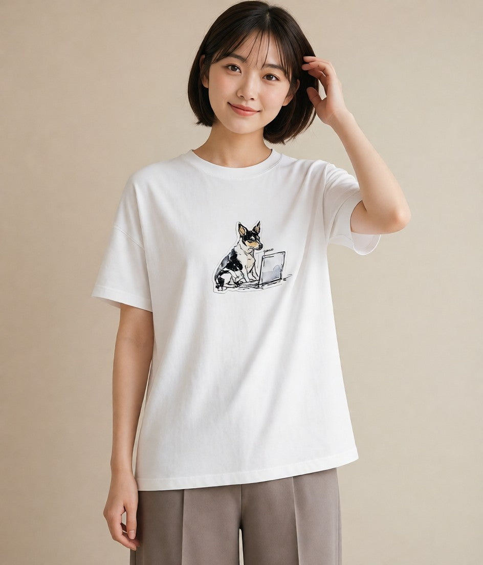 デザインTシャツ レディース 犬 いぬ イラスト 個性的 通勤 在宅 白T YMAZO