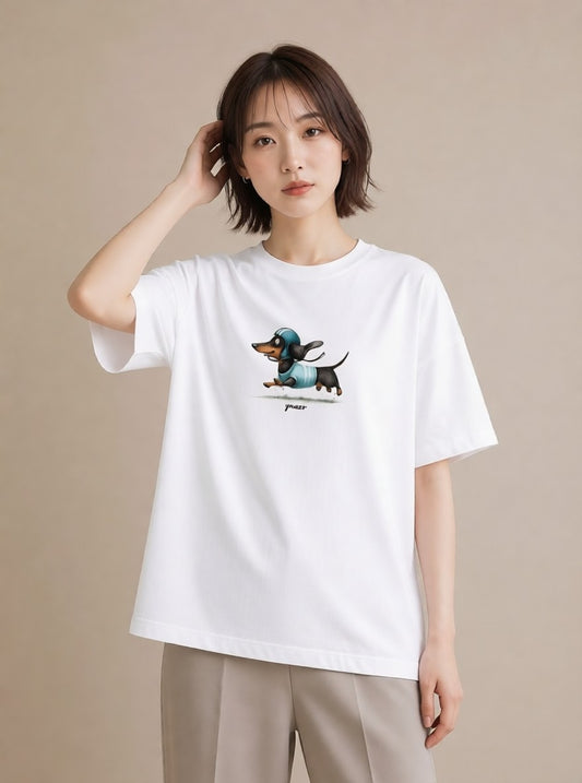 グラフィックTシャツ レディース ミニチュアダックスフンド 犬 いぬ イラスト シンプル 女性 旅行用 白T YMAZO