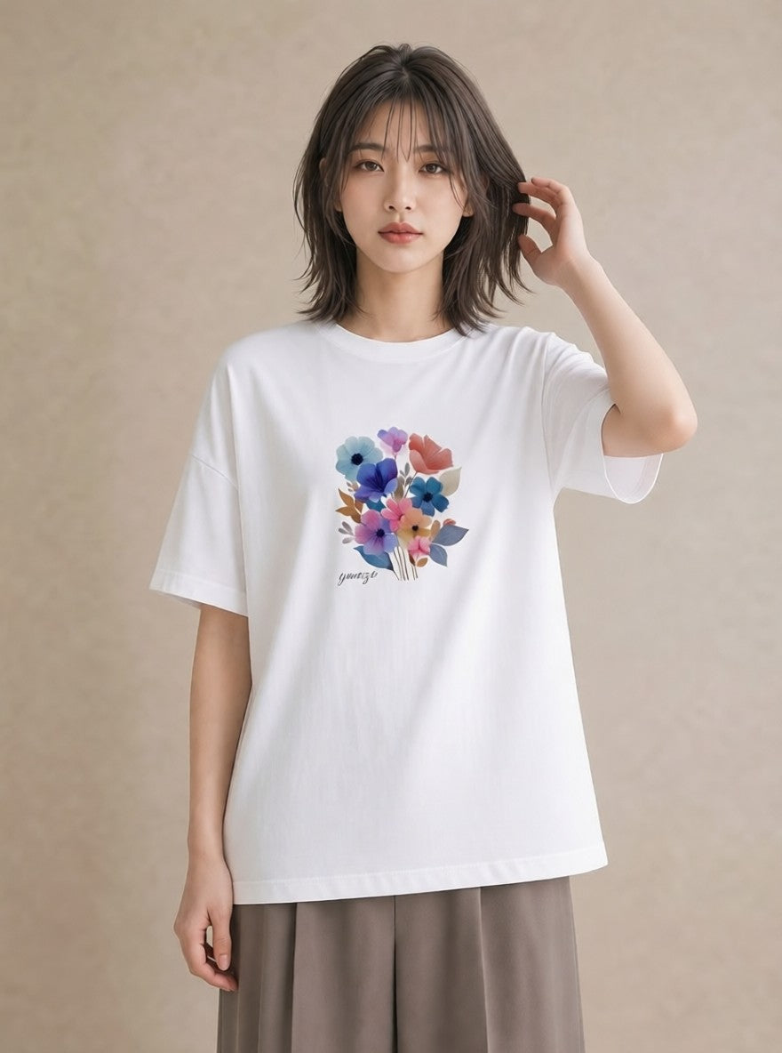 Tシャツ レディース パンジー 花 花柄 イラスト ユニーク クリスマス 旅行 白T YMAZO