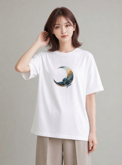 グラフィックTシャツ レディース 青の水彩 風景 ブルー ナチュラル アンティーク イラスト ゆるコーデ 自分用 ルームウェア 白T YMAZO