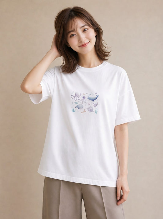 グラフィックTシャツ レディース クジラ 海の生き物 海 イラスト 休日 ペアコーデ 白T YMAZO