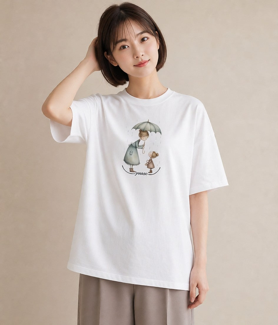 プリントTシャツ レディース 傘 水たまり 雨 ナチュラル アンティーク イラスト カフェコーデ ルームウェア ギフト 白T YMAZO