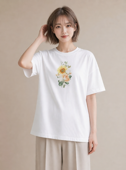 半袖Tシャツ レディース ひまわり 向日葵 花 花柄 イラスト 旅行コーデ クリスマス 旅行 白T