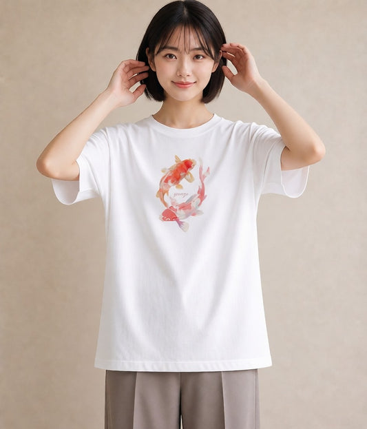 プリントTシャツ レディース 出目金 ペット 動物 イラスト フェミニン 綿100 デート 白T YMAZO