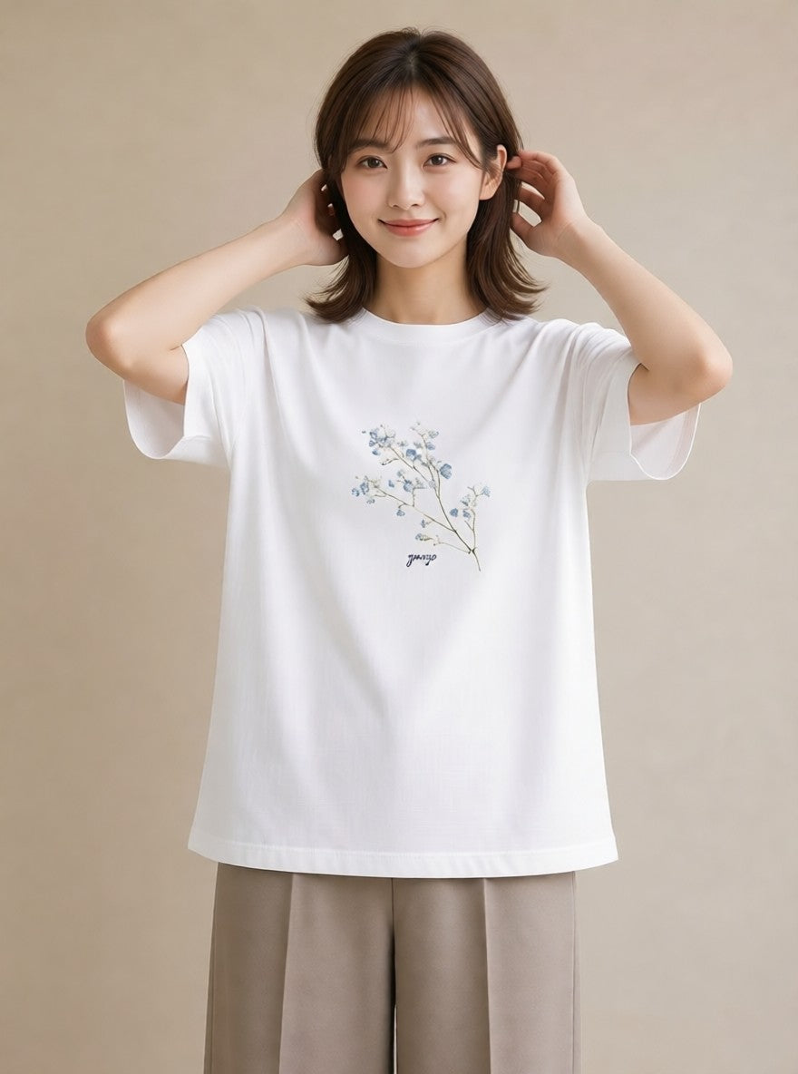 デザインTシャツ レディース カスミソウ かすみ草 花 花柄 イラスト 海 カフェ巡り 白T YMAZO