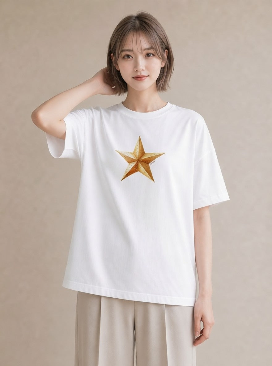 デザインTシャツ レディース スター 星空 宇宙 イラスト 水彩風 デイリーウェア 休日 白T YMAZO