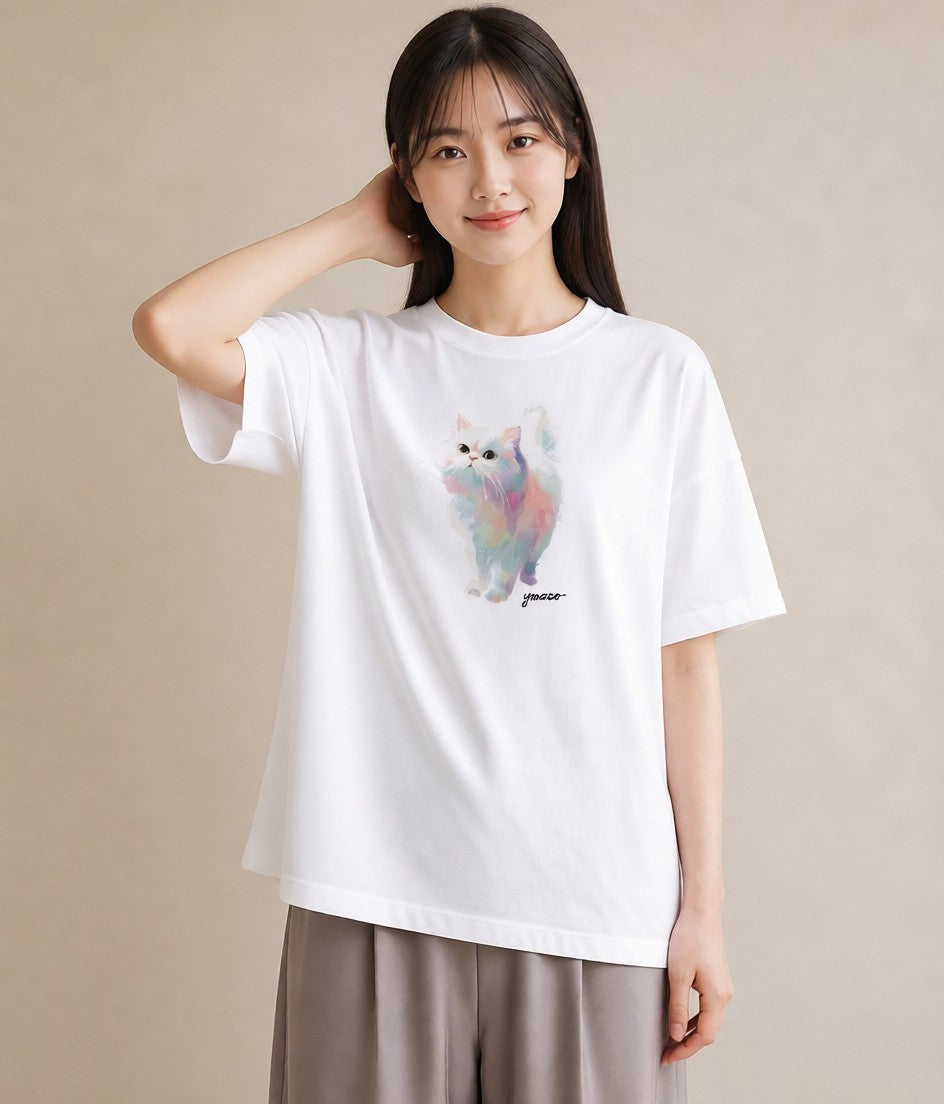 Tシャツ レディース メインクーン 猫 ねこ イラスト 水彩風 20代 カジュアルコーデ 白T YMAZO