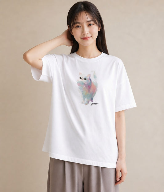 Tシャツ レディース メインクーン 猫 ねこ イラスト 水彩風 20代 カジュアルコーデ 白T YMAZO